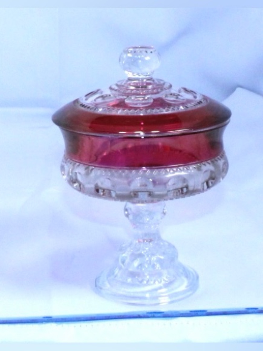Vintage Ruby Flashed King’s Crown Thumbprint Glass Compote with Matching Lid